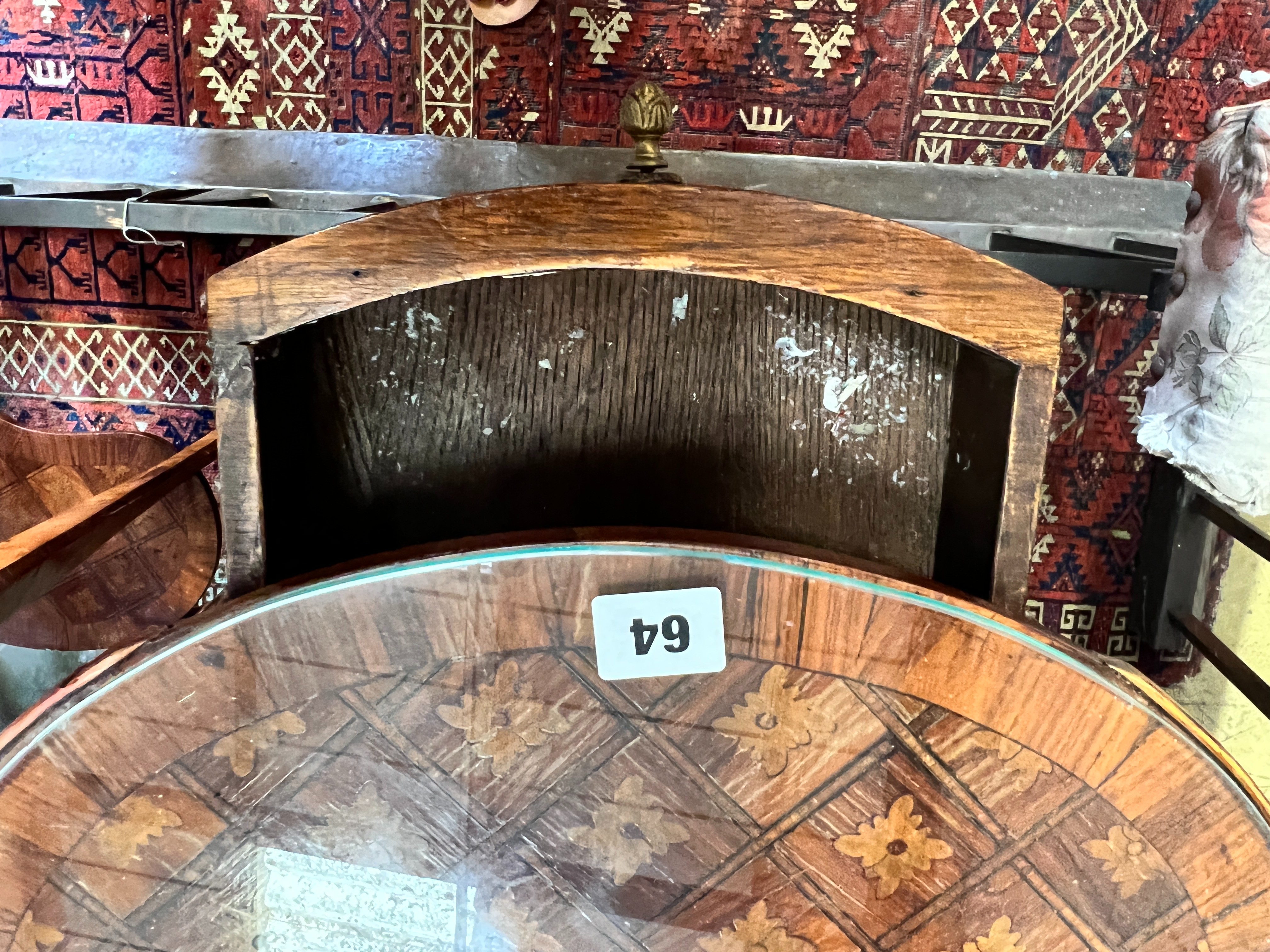 A pair of French transitional style oval parquetry inlaid bedside cupboards, kidney shaped under tiers, width 40cm, depth 30cm, height 69cm